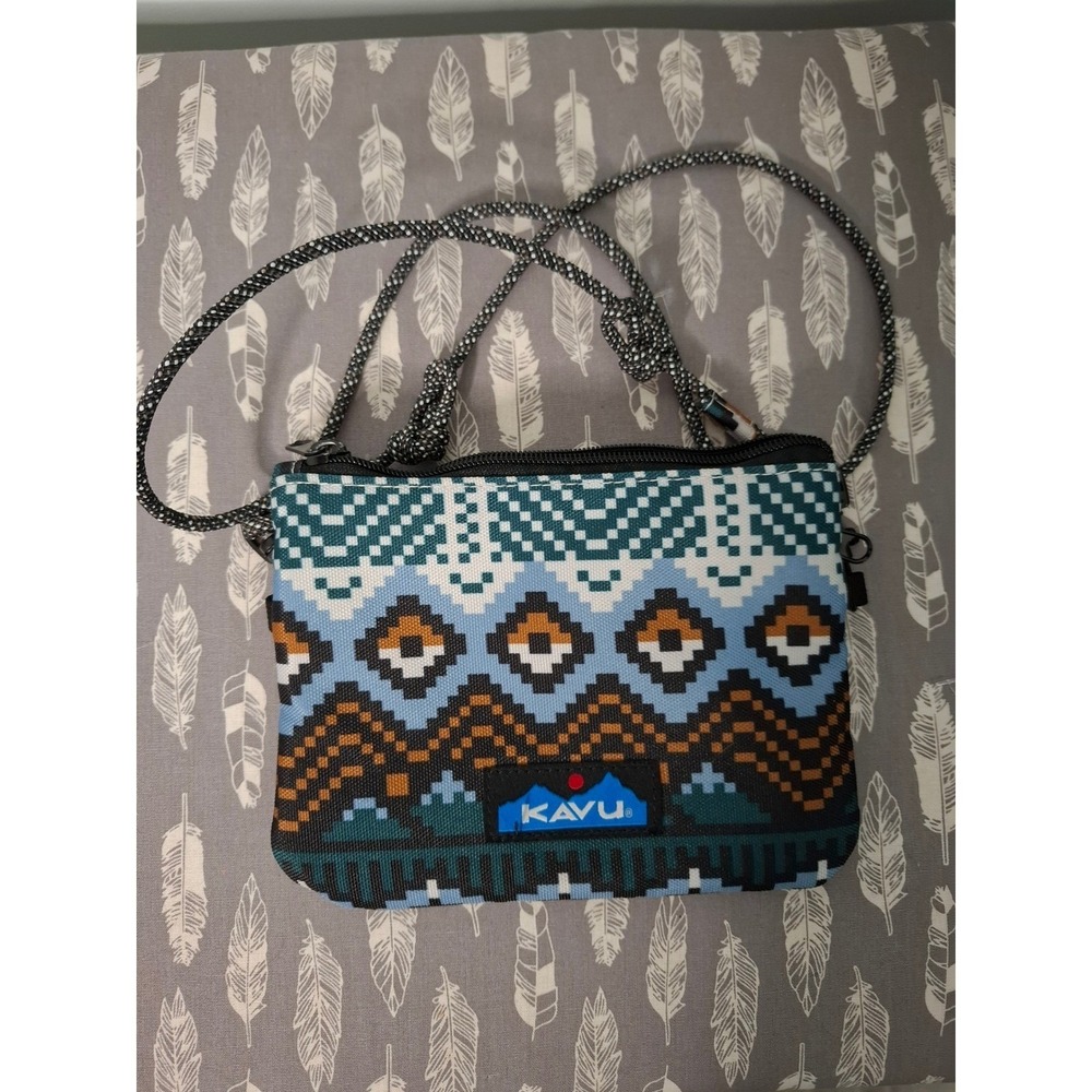 KAVU Keeper Crossbody Bag Blue Geometric Southwestern Canvas Rope Strap Pouch